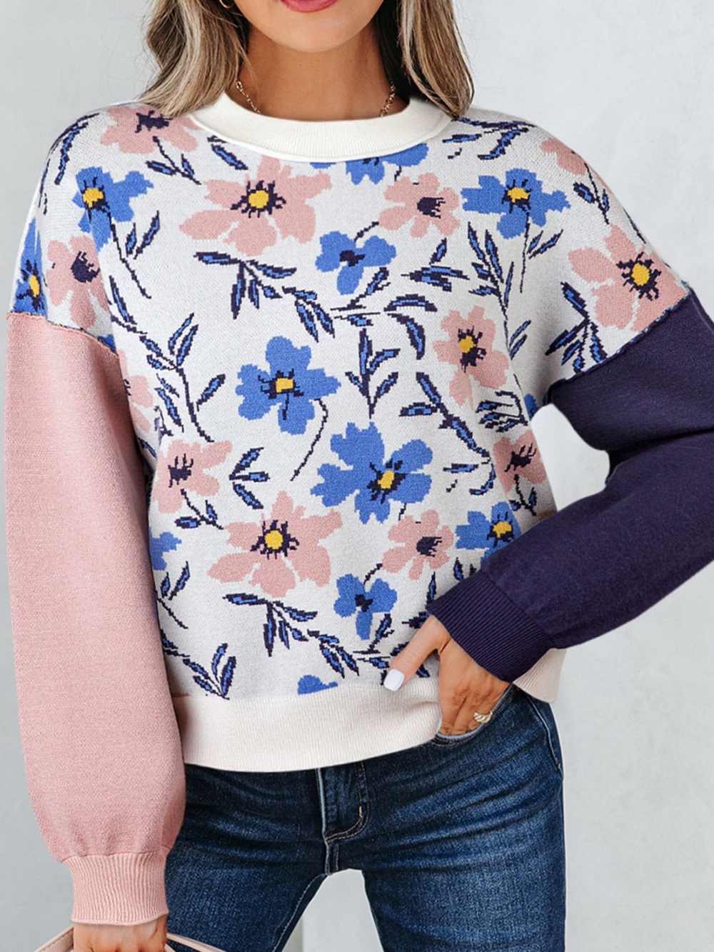 Floral Panel Colorblock Sleeve Patchwork Sweater